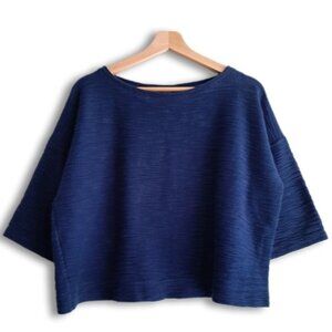LOLE Mabley Boxy Sweatshirt Split Back Crewneck Textured Top Navy Blue Sz M